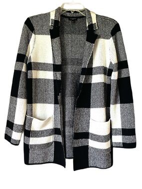 Talbots Knit Blazer, Sz. SP, Blk/White Plaid, Open Front, Pockets, Sm Lapel